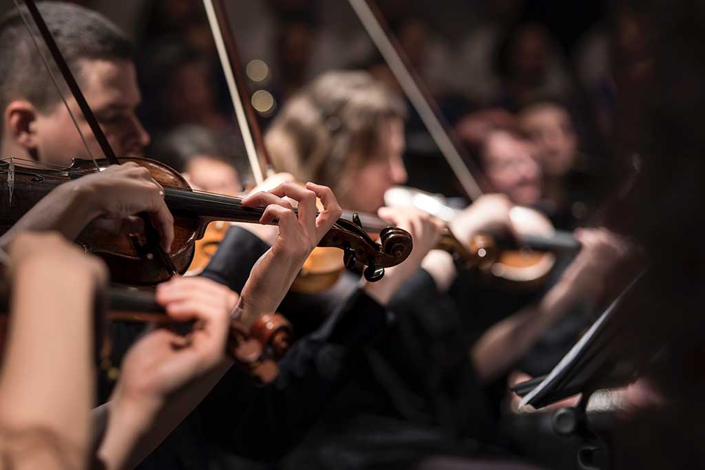 Viulunsoittajia kameriorkesterissa konsertin aikana.